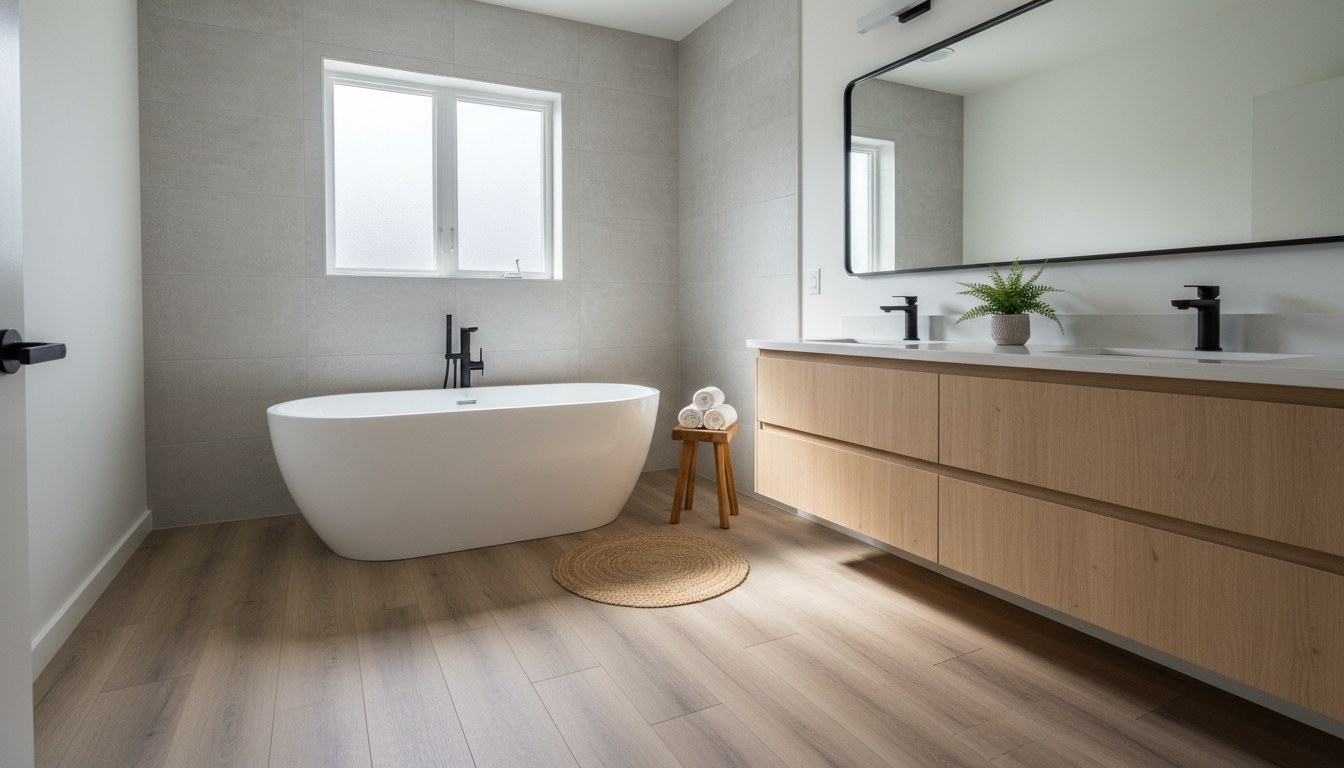 A serene contemporary bathroom with a freestanding tub and natural finishes