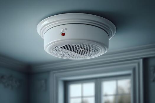 Smoke detector on a ceiling in a softly lit home
