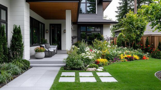 A modern home framed by a carefully designed garden and stone pathway